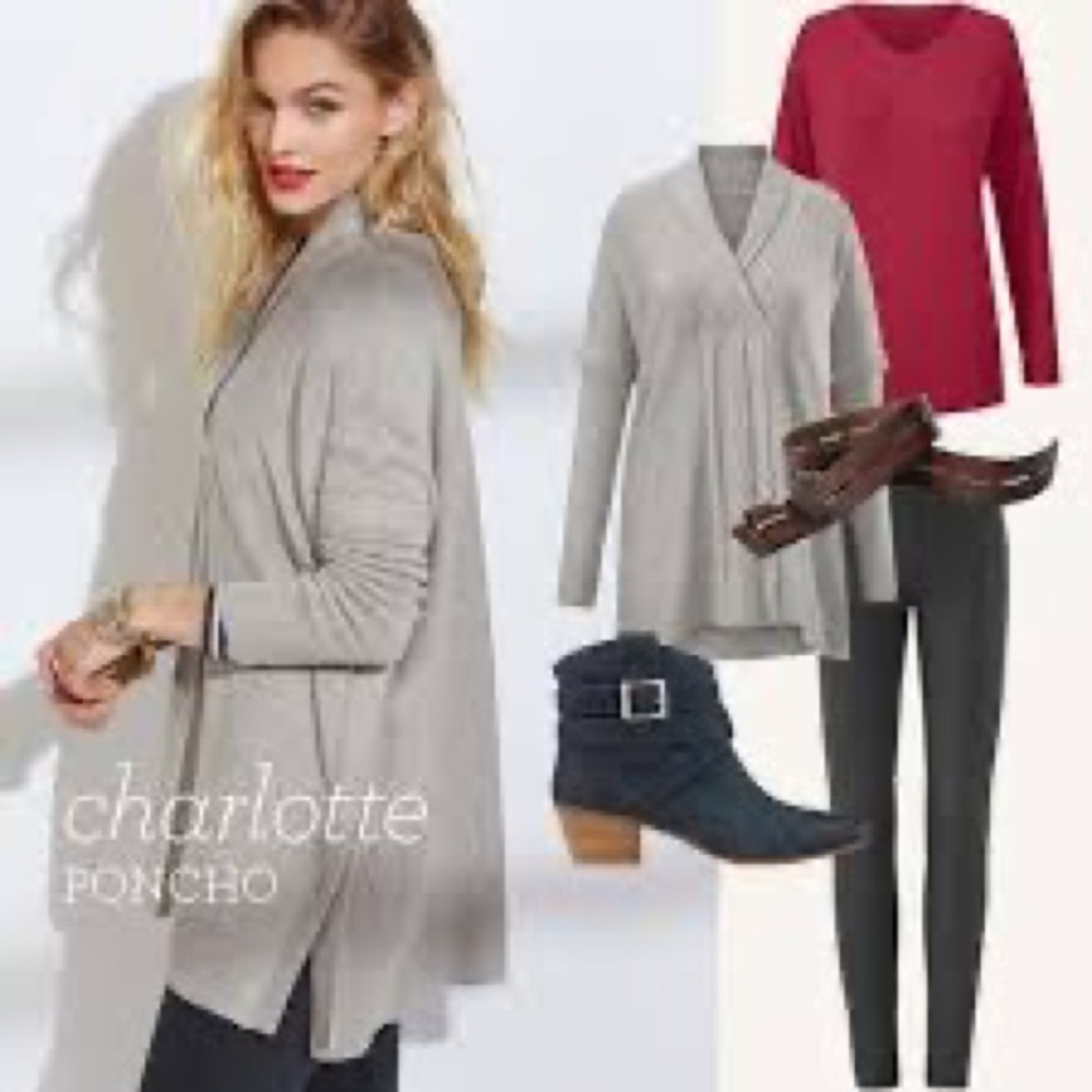 Grey CAbi Charlotte poncho sweater.